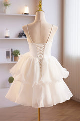 White Spaghetti Strap Tulle Short Prom Dresses, White A-Line Homecoming Dresses