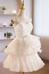 White Spaghetti Strap Tulle Short Prom Dresses, White A-Line Homecoming Dresses