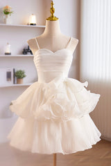 White Spaghetti Strap Tulle Short Prom Dresses, White A-Line Homecoming Dresses