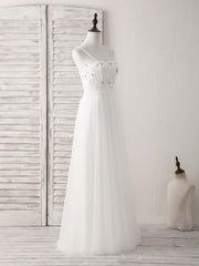 White Sweetheart Neck Tulle Beads Long Prom Dresses White Evening Dresses