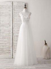 White Sweetheart Neck Tulle Beads Long Prom Dresses White Evening Dresses