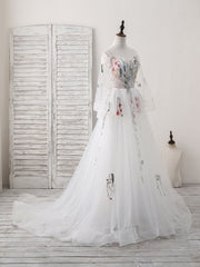 White Sweetheart Tulle Applique Long Prom Dresses, White Evening Dresses