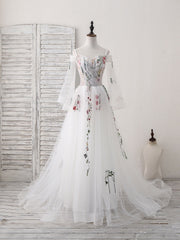 White Sweetheart Tulle Applique Long Prom Dresses, White Evening Dresses