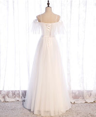 White Sweetheart Tulle Long Prom Dresses, White Bridesmaid Dresses