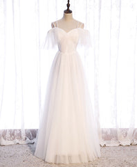 White Sweetheart Tulle Long Prom Dresses, White Bridesmaid Dresses