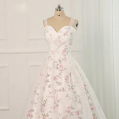 White Tulle and Floral Long Straps Formal Gown Beautiful White Party Dresses prom Dresses shops