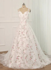 White Tulle and Floral Long Straps Formal Gown Beautiful White Party Dresses prom Dresses shops