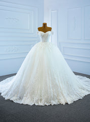 White Tulle Appliques Off the Shoulder Wedding Dress