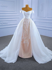 White Tulle Appliques Pleats Off the Shoulder Wedding Dresses