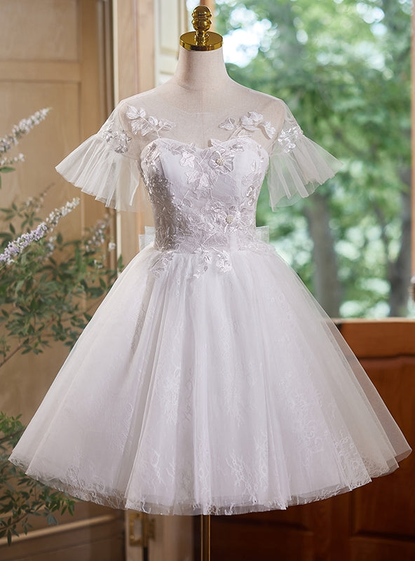 White Tulle Appliques Short Sleeve Homecoming Dress