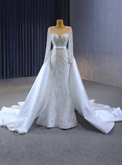 White Tulle Beading Long Sleeve Wedding Dresses With Removable Train