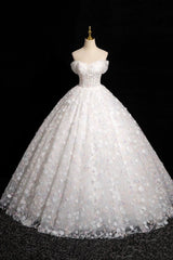 White Tulle Flowers Floor Length Prom Dresses, Beautiful A-Line Backless Sweet 16 Formal Dresses