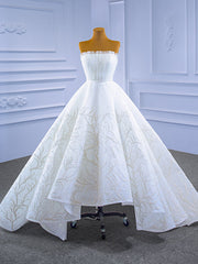 White Tulle  Strapless Wedding Dresses With Detachable Train