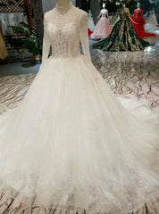 White Tulle High Neck Long Sleeve Backless Wedding Dress With Beading