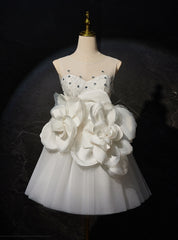 White Tulle Lace Backless 3D Flower Wedding Dresss