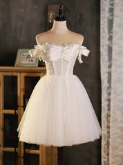 White Tulle Lace Off the Shoulder Button Homecoming Dresses