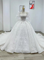 White Tulle Lace Puff Sleeve Beading Pearls Wedding Dresses