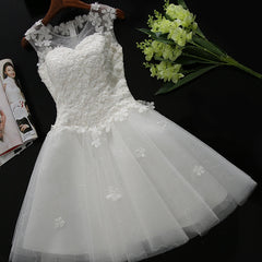 White Tulle Lace Round Neckline Knee Length Graduation Dresses, White Short Prom Dresses Party Dresses