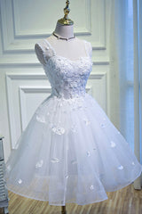 White Tulle Lace Short Prom Dresses Pageant Dresses, Cute Knee Length Party Dresses