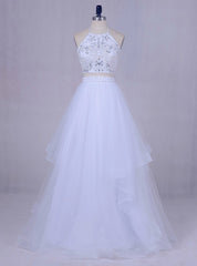 White Tulle Long Graduation Beading Halter Backless 2 Piece Prom Dress