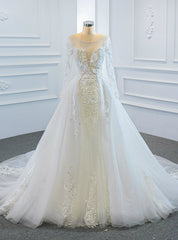 White Tulle Long Sleeve Beading Wedding Dresses With Removable Train