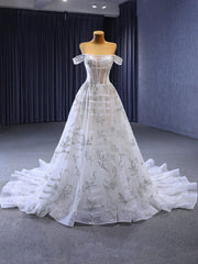 White Tulle Off the Shoulder Beading Sequins Wedding Dresses