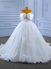 White Tulle Off the Shoulder Bow Wedding Dresses