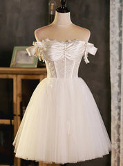 White Tulle Off the Shoulder Pleats Homecoming Dresses