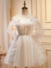 White Tulle Pearls Bow Homecoming Dress