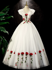 White Tulle Rose Flower Quinceanera Dresses