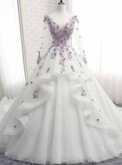 White Tulle Ruffles Long 3D Flower Lace Applique Long Sleeve Quinceanera Dresses