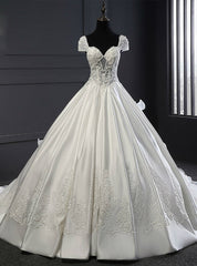 White Tulle Satin Ball Gown V-neck Train Beading Wedding Dresses