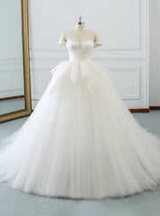 White Tulle Satin Off The Shoulder Backless Wedding Dresses