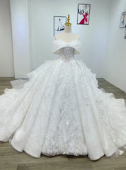 White Tulle Sequins Appliques Off the Shoulder Wedding Dresses