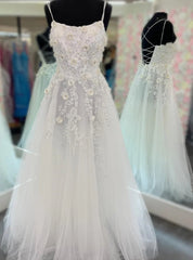 White Tulle Sequins Appliques Prom Dresses