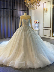 White Tulle Sequins Beading Long Sleeve Wedding Dresses