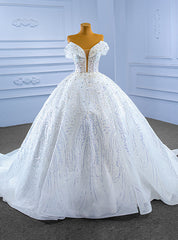 White Tulle Sequins Beading Pearls Wedding Dresses