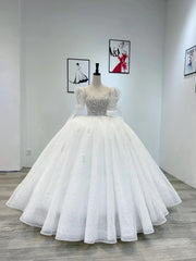 White Tulle Sequins Beading Short Sleeve Wedding Dresses