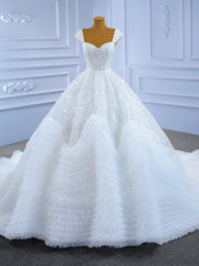 White Tulle Sequins Beading Straps Wedding Dresses