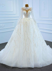 White Tulle Sequins High Neck Long Sleeve Wedding Dresses