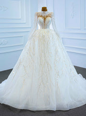 White Tulle Sequins High Neck Long Sleeve Wedding Dress