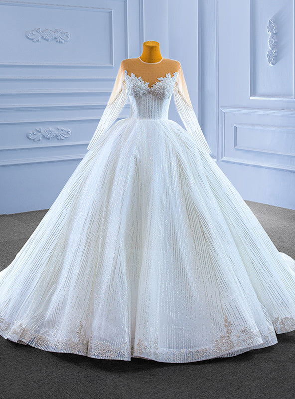 White Tulle Sequins Long Sleeve Beading Illusion Neck Wedding Dress