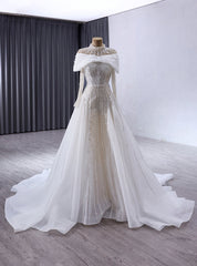 White Tulle Sequins Long Sleeve Wedding Dresses With Detachable Neck