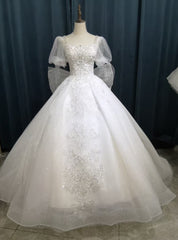 White Tulle Sequins Puff Sleeve Wedding Dresses With Bow