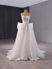 White Tulle Sequins Strapless Bow Wedding Dress