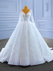 White Tulle Sequins V-neck Long Sleeve Beading Wedding Dresses