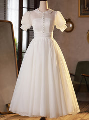 White Tulle Short Sleeve Button Wedding Dresses