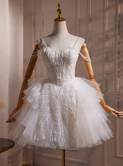 White Tulle Spaghetti Straps Beading Short Wedding Dresses