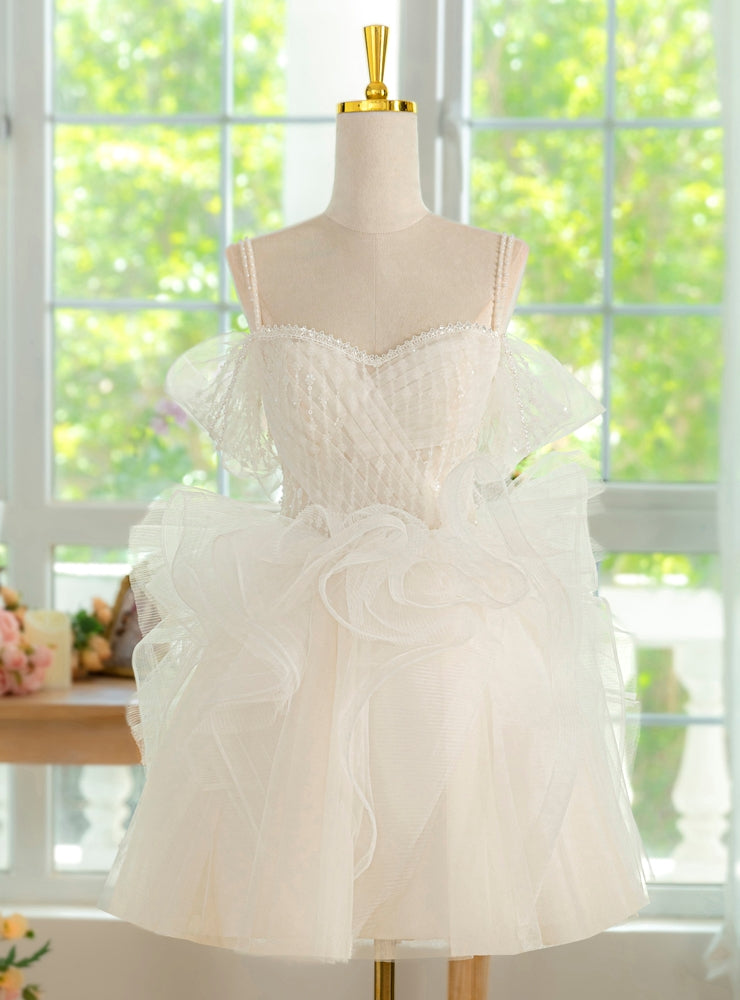 White Tulle Spaghetti Straps Pearls Pleats Homecoming Dress