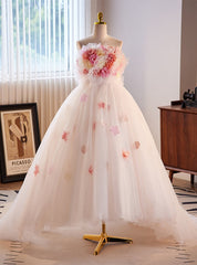 White Tulle Strapless Flower Prom Dresses